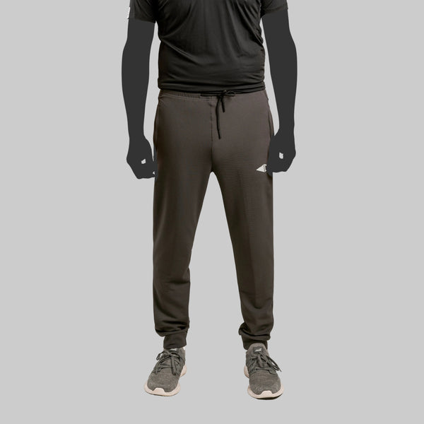 RELAX2 JDM ACTIVE gray ribbed pants with tapered leg design and cuff.